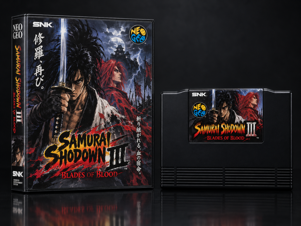 Samurai Shodown III: Blades of Blood: KI-Packshot mit AES-Verpackung und Modul