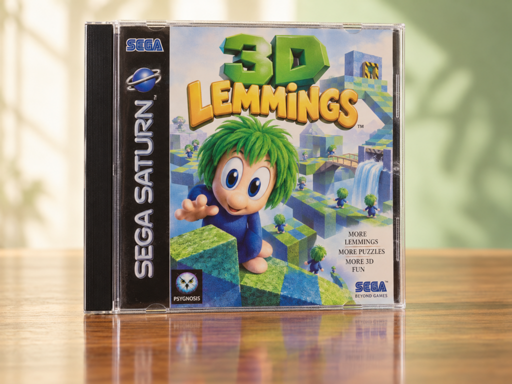 KI-Interpretation einer 3D-Lemmings-Saturn-Hülle auf hellem Tisch mit Spiegelung