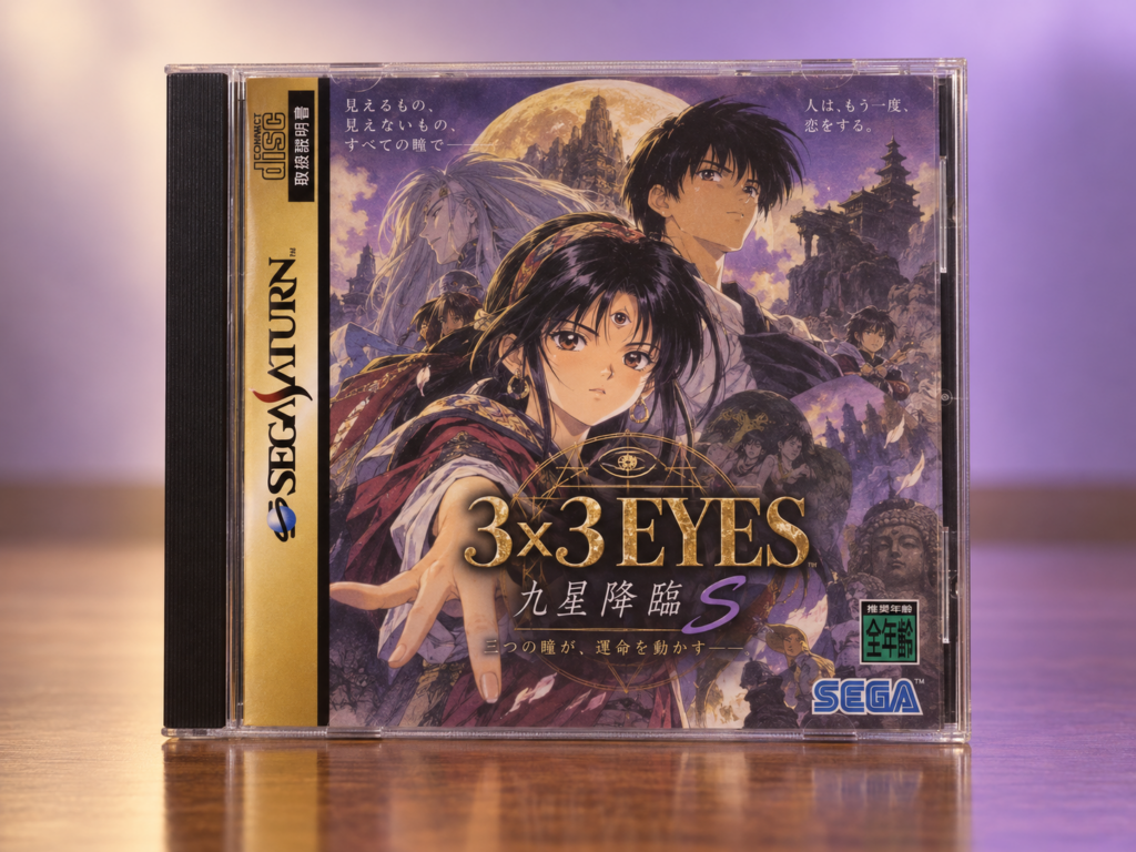 KI-Interpretation einer 3x3 Eyes: Kyūsei Kōshu S-Saturn-Hülle auf hellem Tisch mit Spiegelung