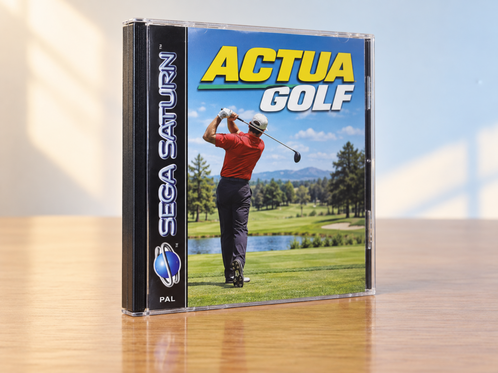 KI-Interpretation der Sega-Saturn-Verpackung von Actua Golf; stehende Hülle auf einem Holztisch mit Spiegelung.