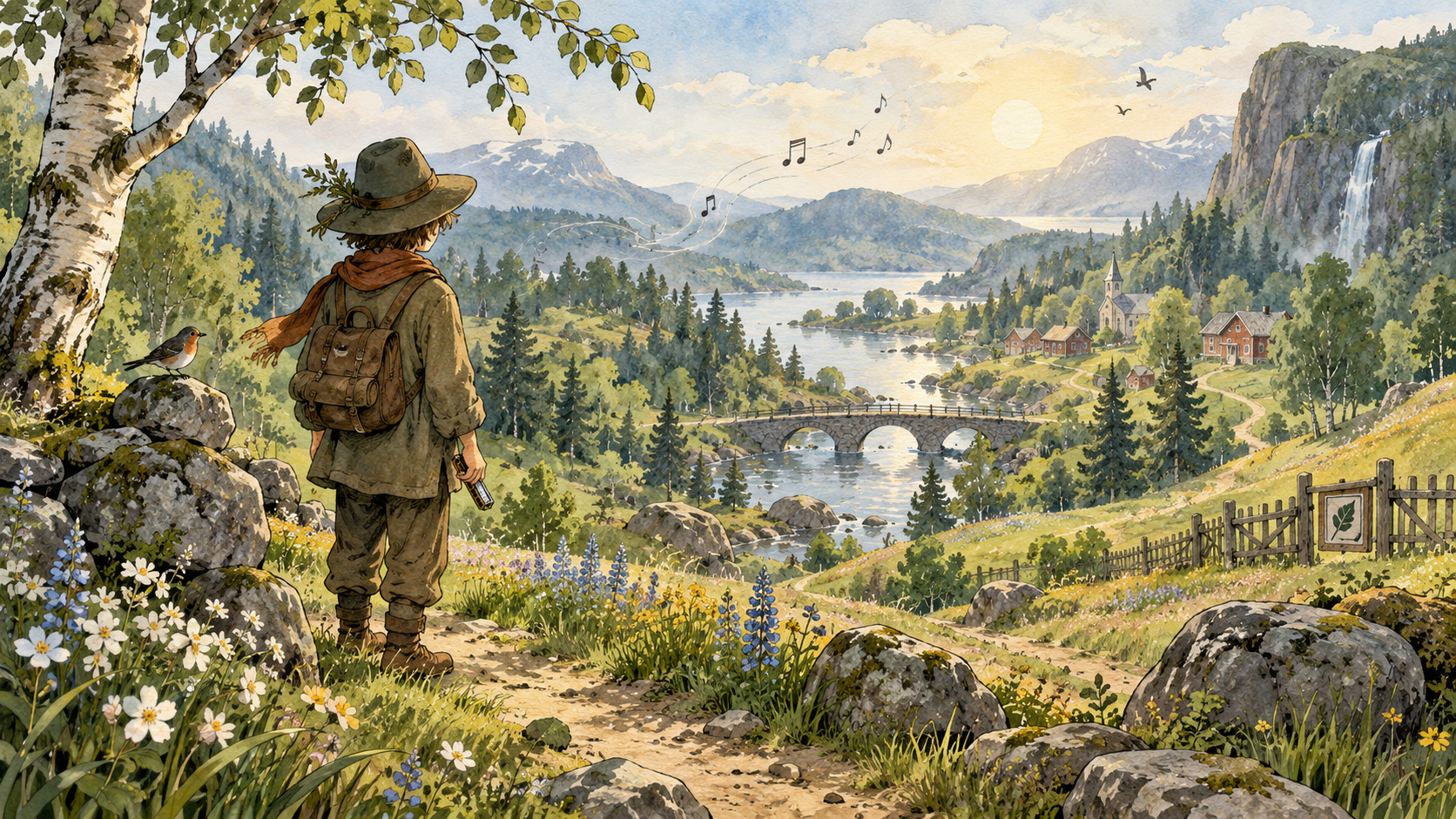 Illustration eines Wanderers mit Mundharmonika vor einer grünen Tallandschaft als Motiv für Schnupferich: Die Melodie des Mumintals