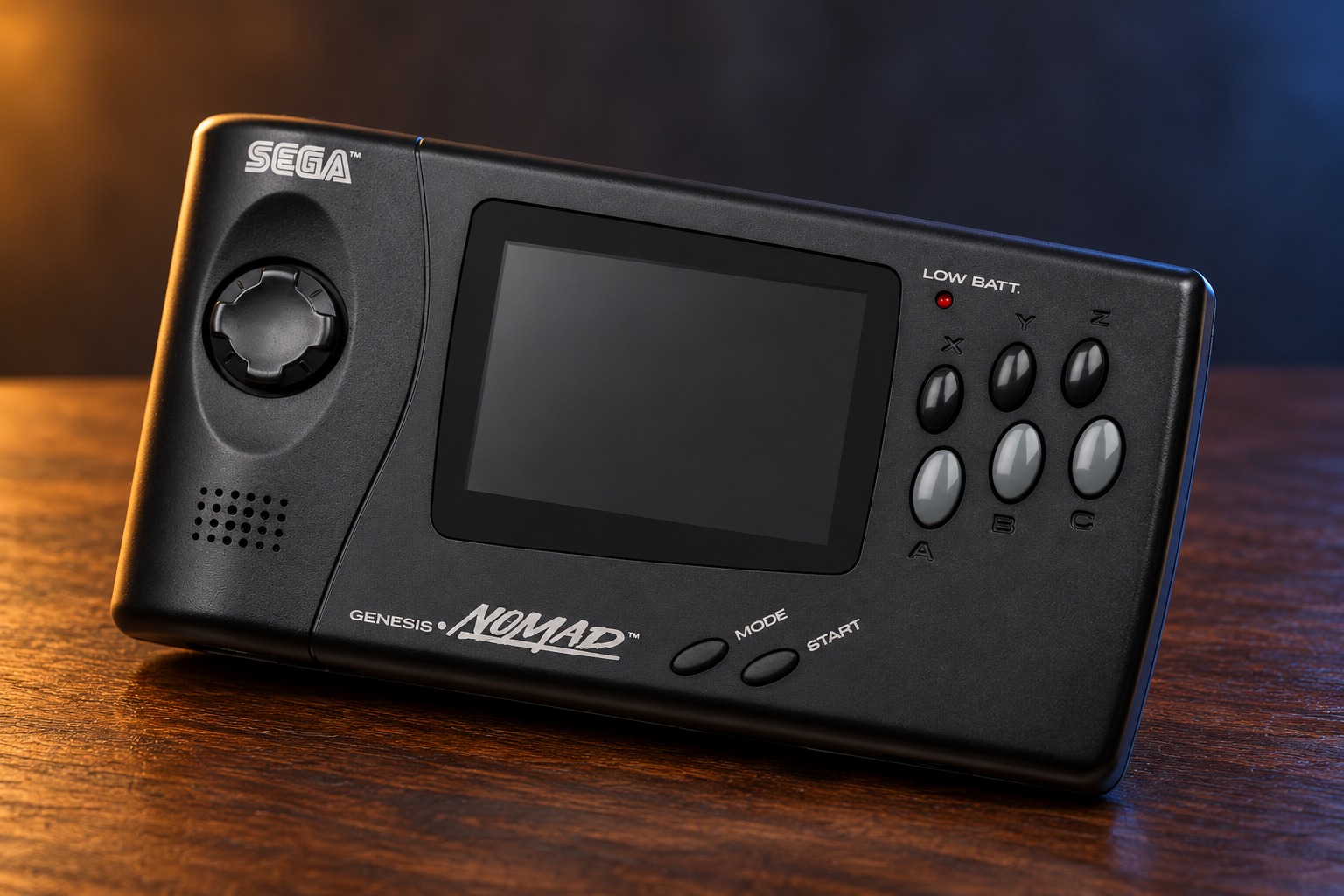 Sega Genesis Nomad mit integrierter Steuerung auf einem dunklen Holztisch vor dezent beleuchtetem Hintergrund