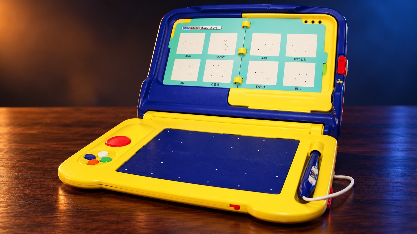 Sega Pico mit passendem Controller auf einem dunklen Holztisch vor dezent beleuchtetem Hintergrund