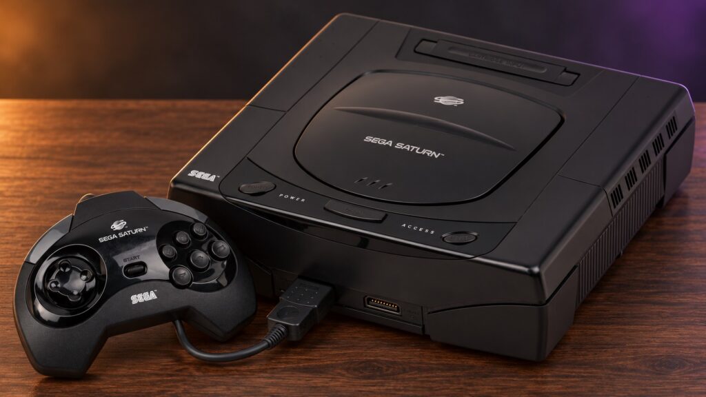 Sega Saturn mit passendem Controller auf einem dunklen Holztisch vor dezent beleuchtetem Hintergrund