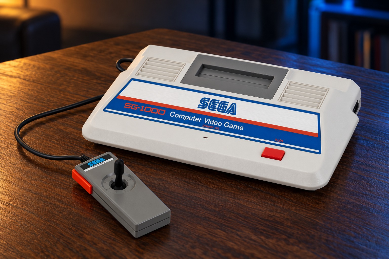 Sega SG-1000 mit passendem Controller auf einem dunklen Holztisch vor dezent beleuchtetem Hintergrund