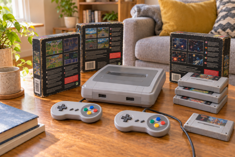 Helle Wohnzimmerszene mit SNES-typischen Spieleschachteln von der Rückseite und beschrifteten Modulen