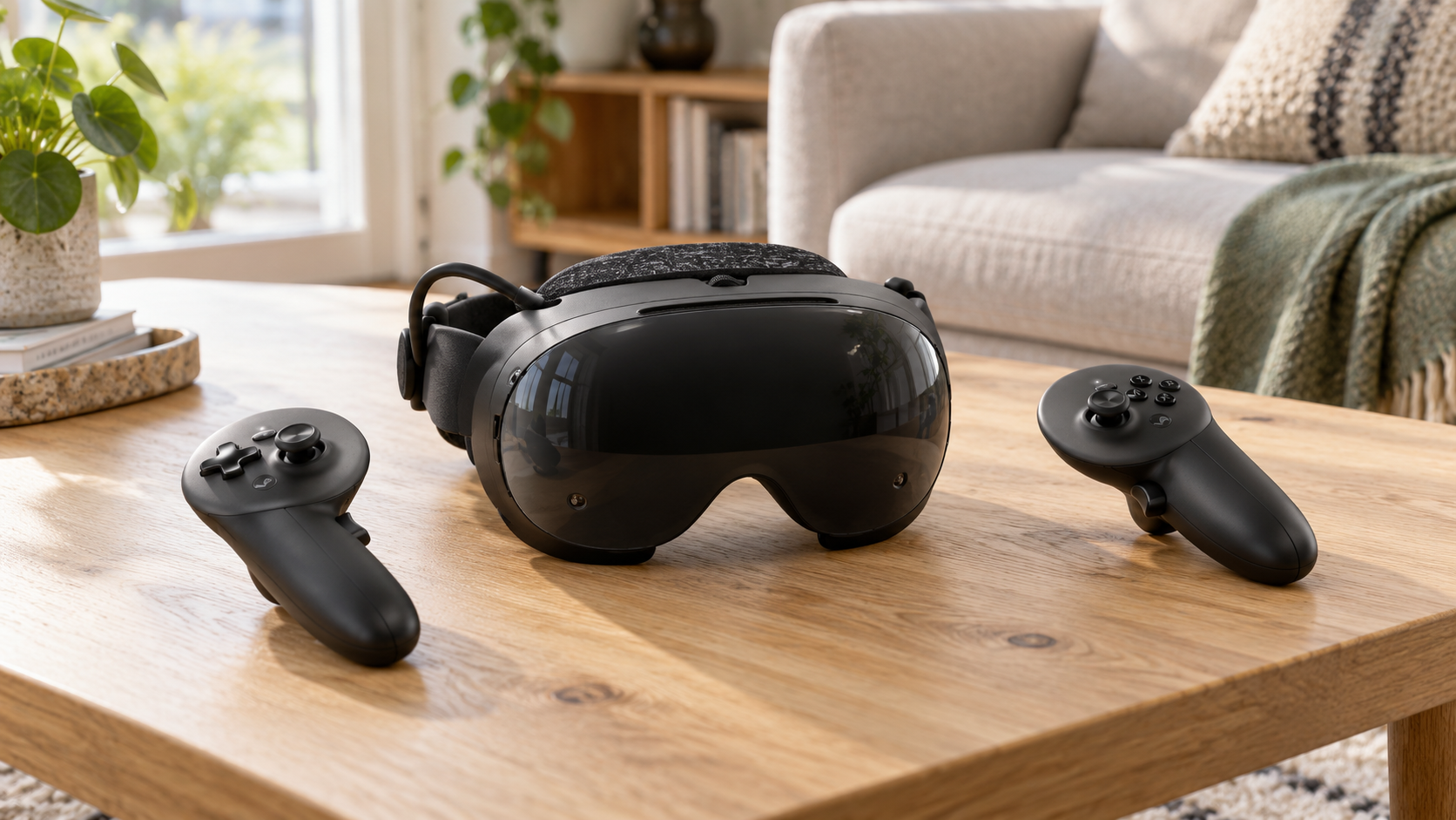 Illustrative Darstellung: Steam Frame mit zwei Controllern auf einem Wohnzimmertisch