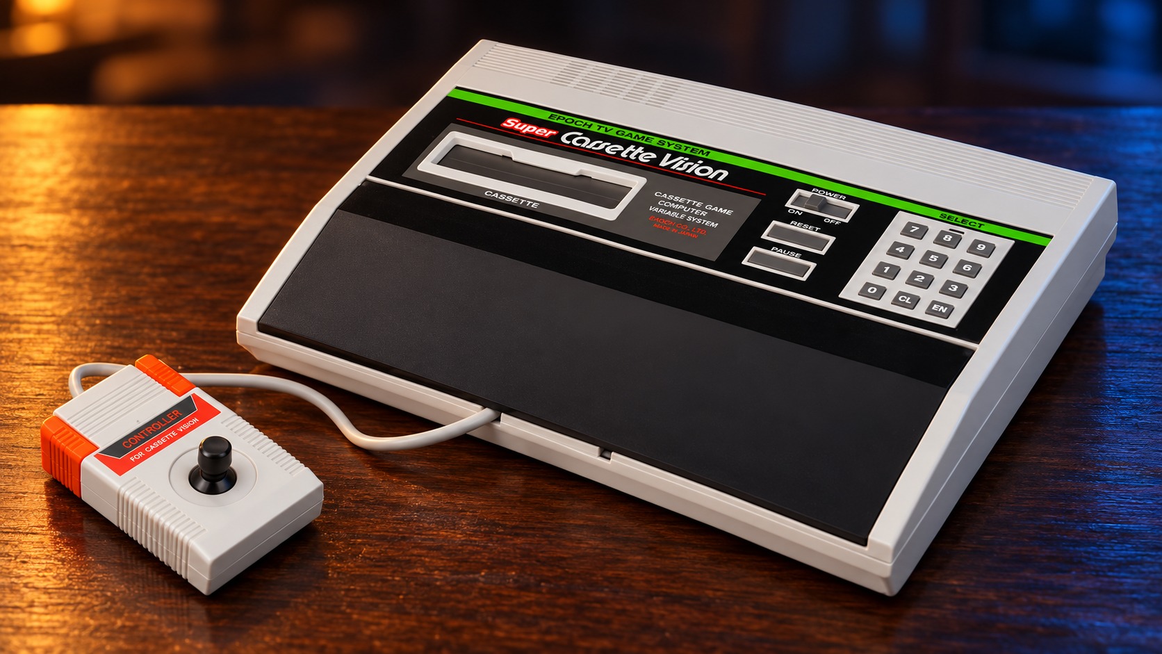 Epoch Super Cassette Vision mit passendem Controller auf einem dunklen Holztisch vor dezent beleuchtetem Hintergrund
