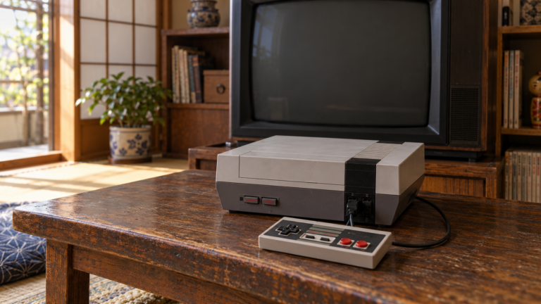 NES-Konsole und Controller vor einem ausgeschalteten Röhrenfernseher.