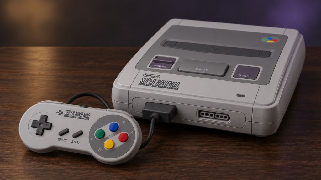 Super Nintendo Entertainment System (SNES) mit passendem Controller auf einem dunklen Holztisch vor dezent beleuchtetem Hintergrund