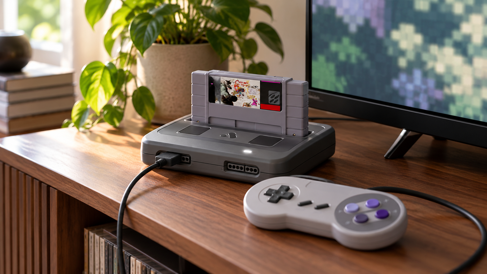 Redaktionelle Rekonstruktion einer Super Nt+ mit Modul im Wohnzimmer