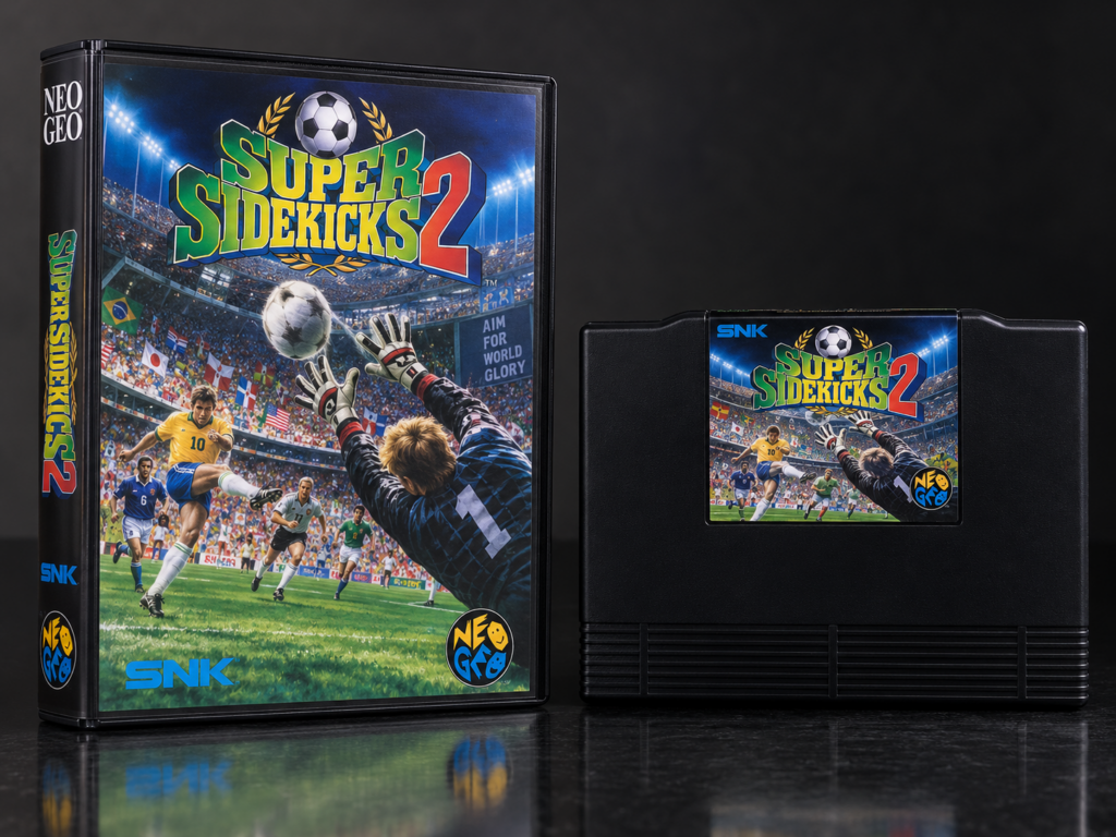 Super Sidekicks 2: KI-Packshot mit AES-Verpackung und Modul