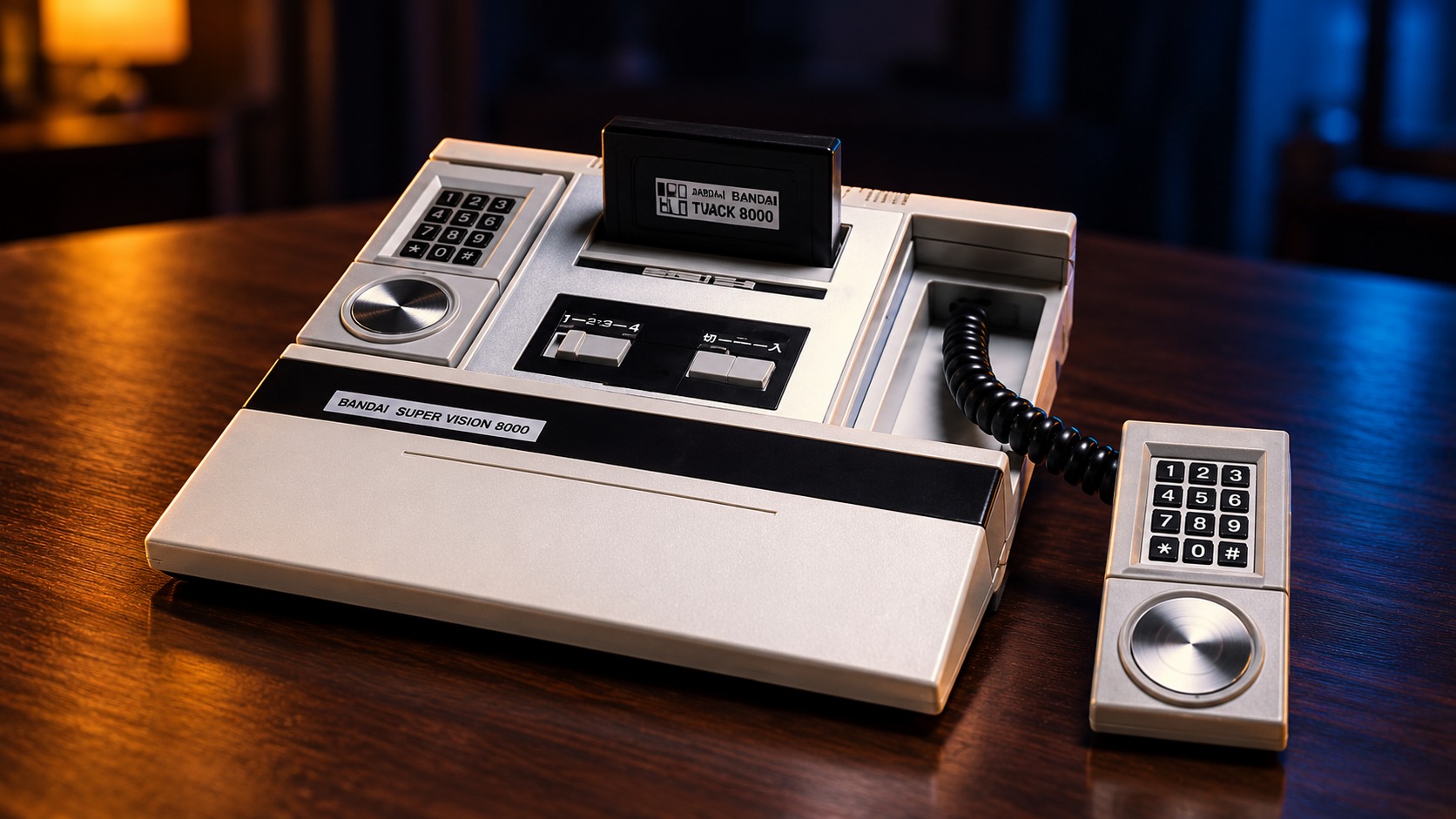 Bandai Super Vision 8000 mit passendem Controller auf einem dunklen Holztisch vor dezent beleuchtetem Hintergrund