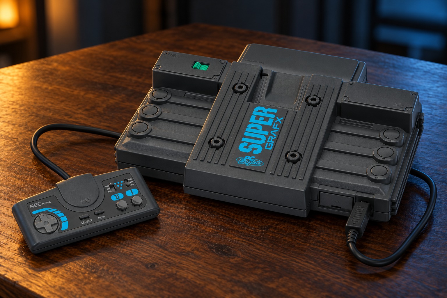 NEC SuperGrafx mit passendem Controller auf einem dunklen Holztisch vor dezent beleuchtetem Hintergrund