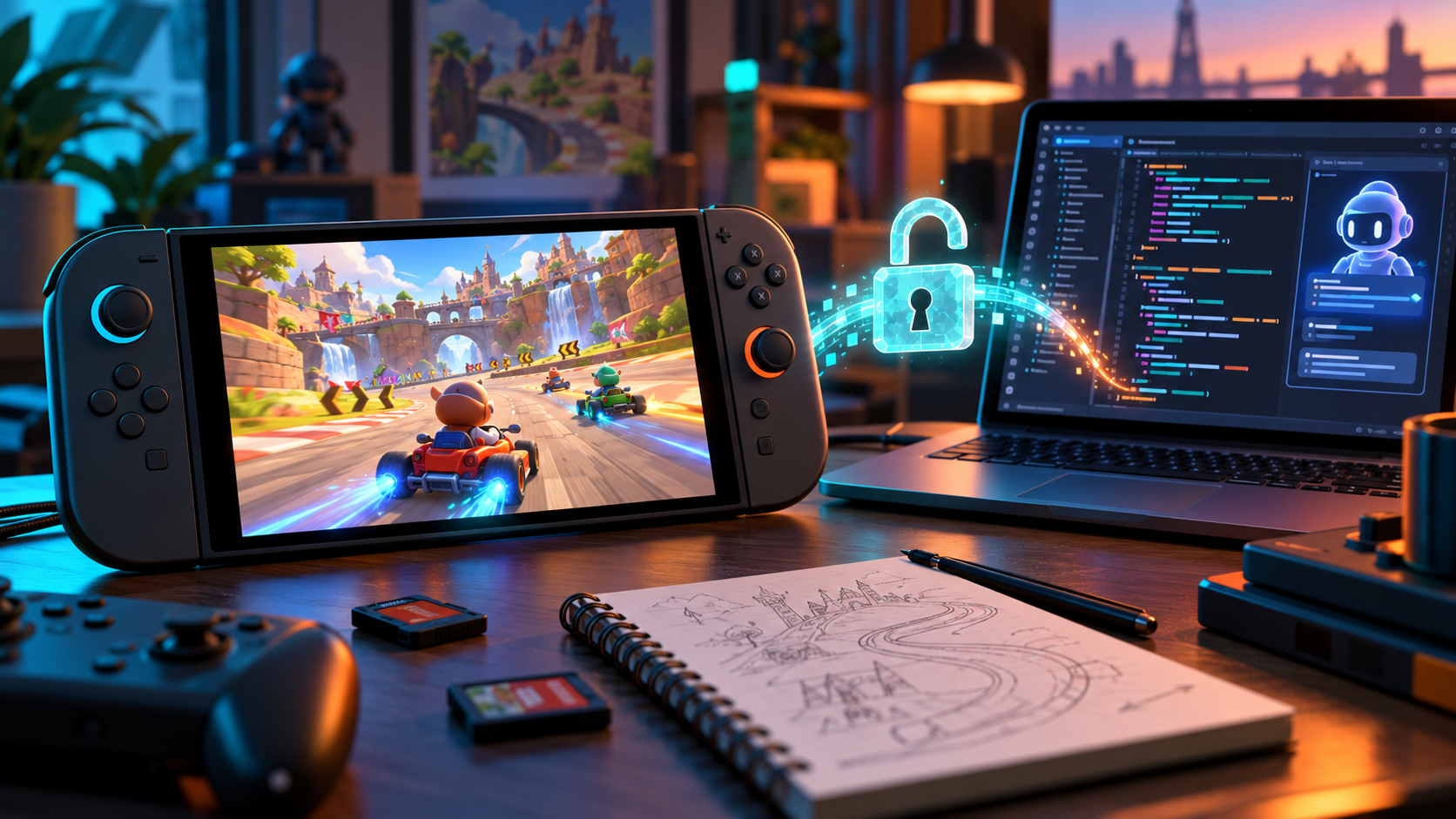 Nintendo Switch 2 Jailbreak als Symbolbild: Handheld mit Kart-Rennspiel, Laptop und offenem Schloss.