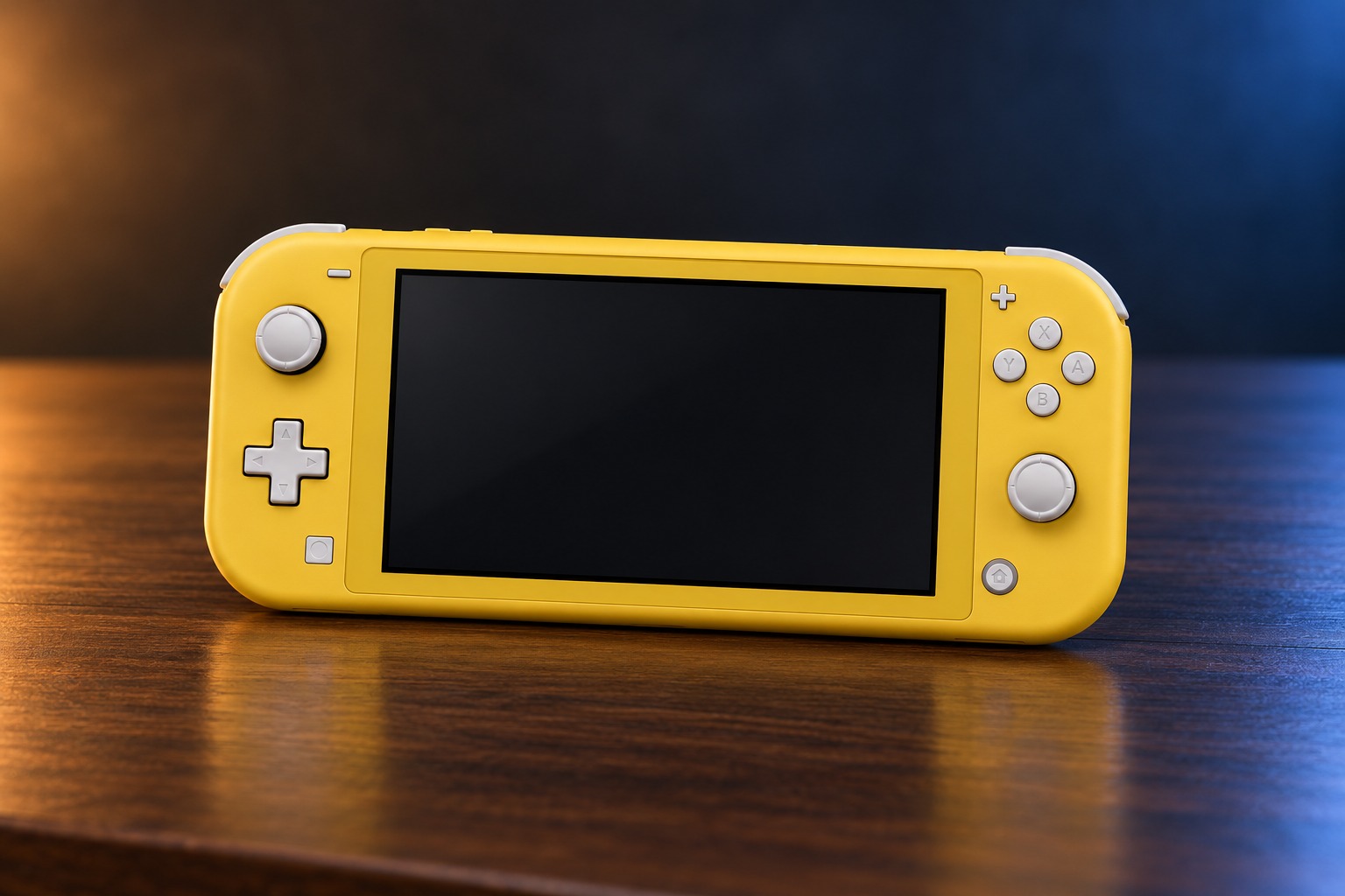 Nintendo Switch Lite mit integrierter Steuerung auf einem dunklen Holztisch vor dezent beleuchtetem Hintergrund