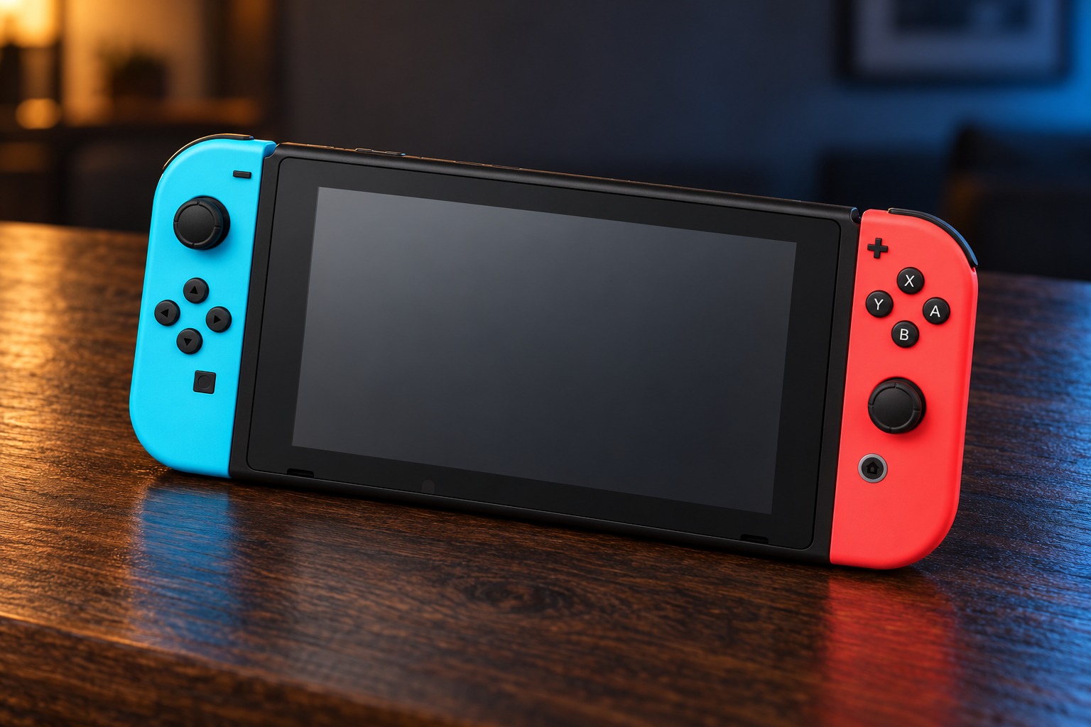 Nintendo Switch mit passendem Controller auf einem dunklen Holztisch vor dezent beleuchtetem Hintergrund