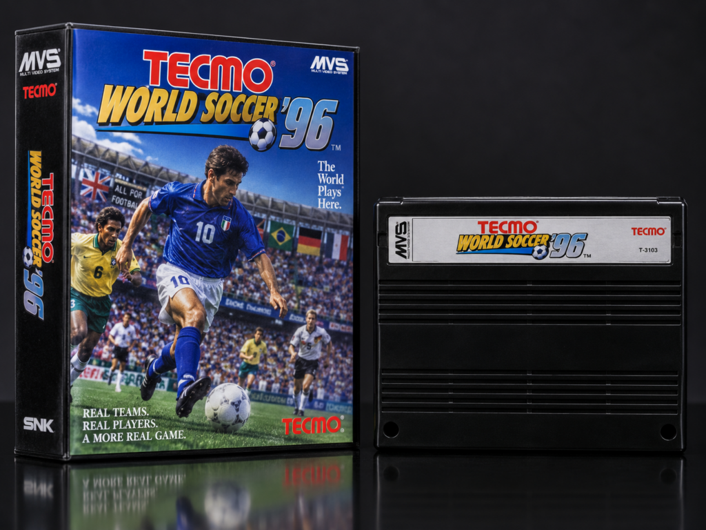 Tecmo World Soccer '96: KI-Packshot mit MVS-Motivhülle und Modul