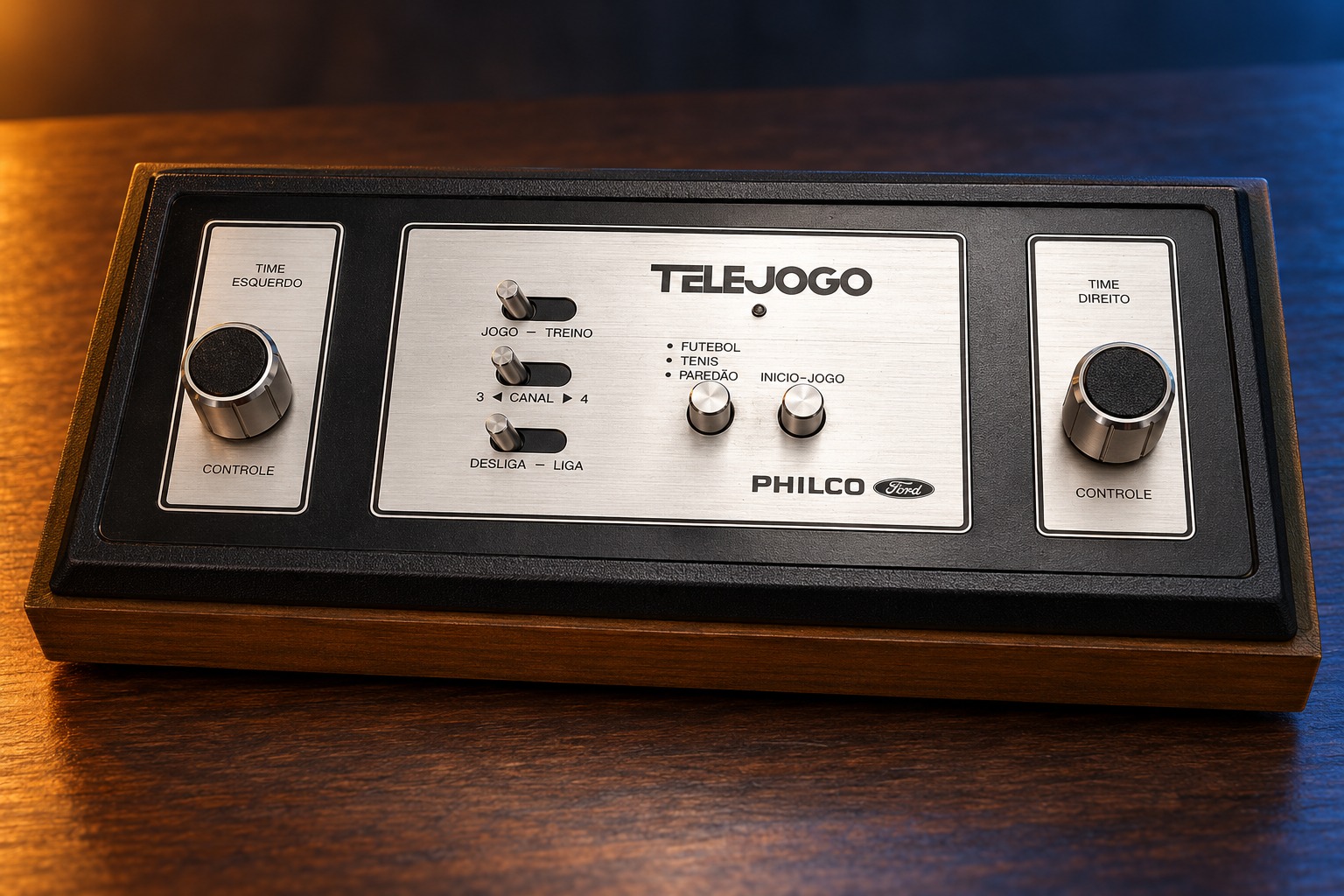 Philco-Ford Telejogo mit passendem Controller auf einem dunklen Holztisch vor dezent beleuchtetem Hintergrund