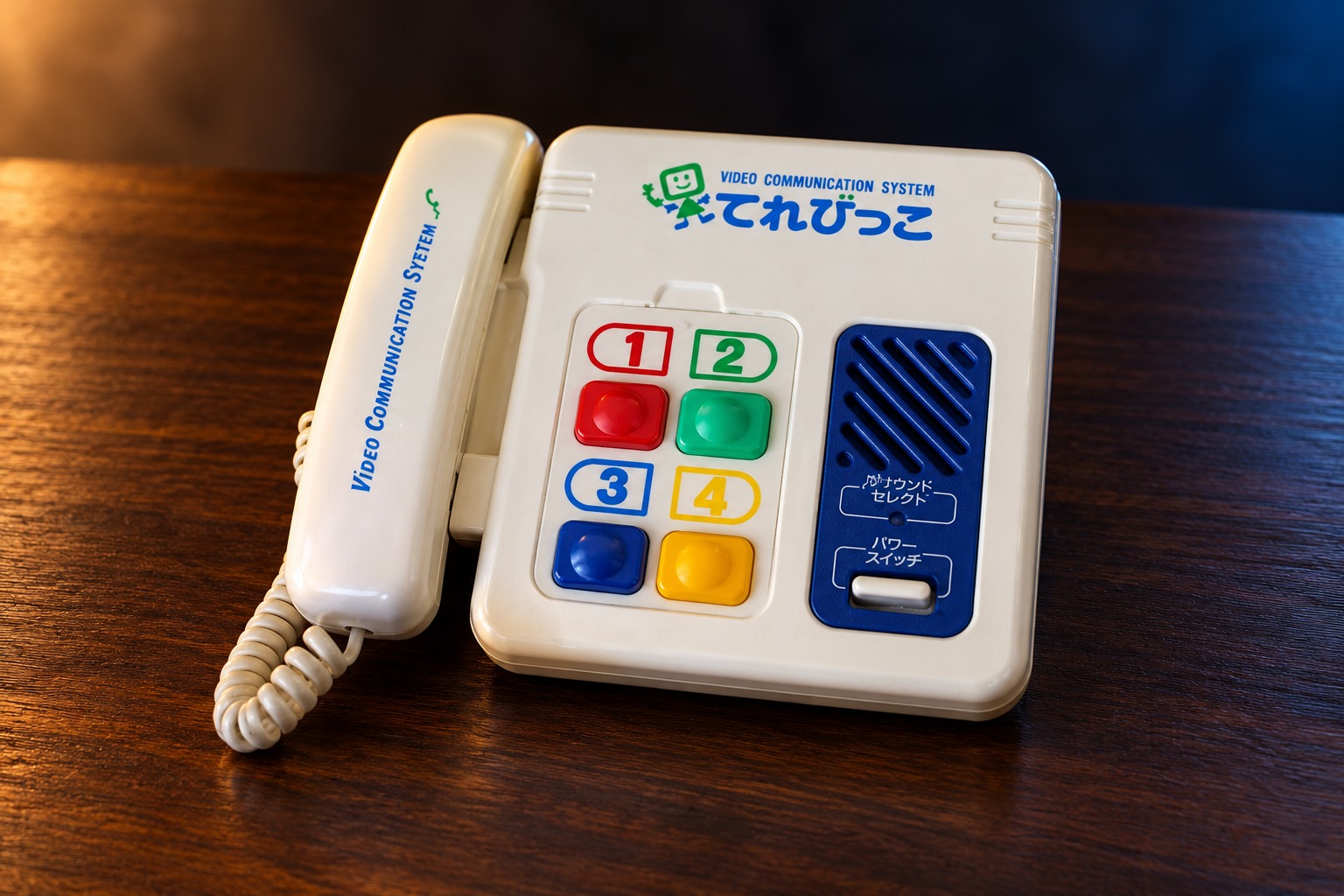 Bandai Terebikko mit passendem Controller auf einem dunklen Holztisch vor dezent beleuchtetem Hintergrund