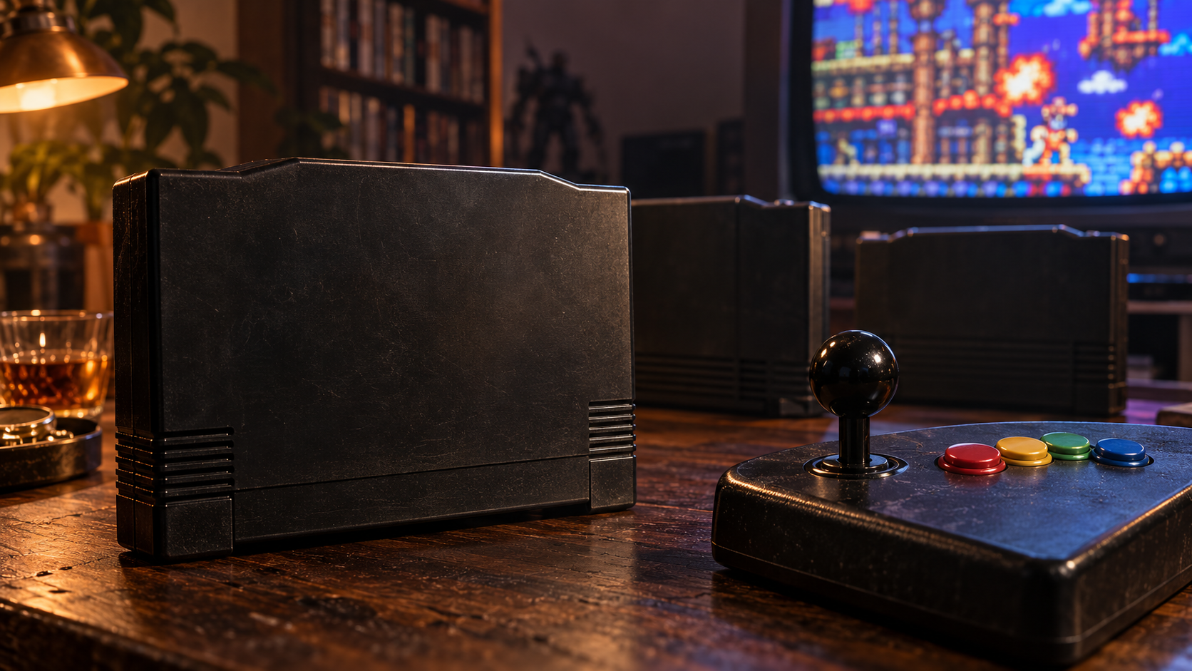 Schwarze Neo-Geo-Module und Arcade-Joystick vor einem Retro-Bildschirm