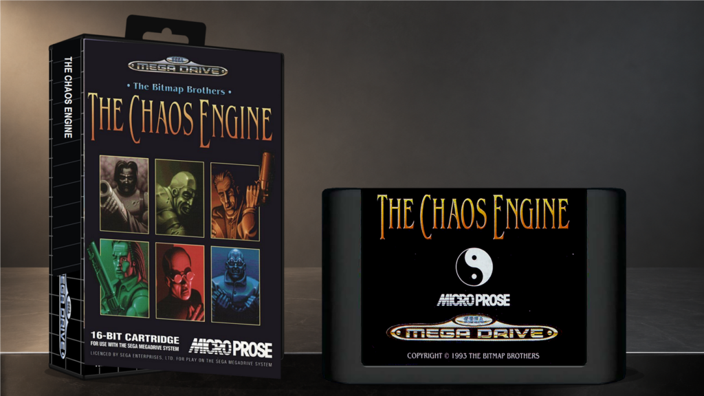 The Chaos Engine: Originalcover auf einer Sega-Mega-Drive-Hülle neben dem Original-Spielmodul