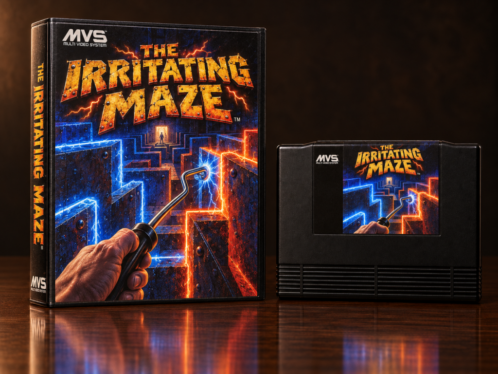 KI-gestützter Packshot von The Irritating Maze mit Neo-Geo-MVS-Verpackung und Modul auf dunkler spiegelnder Oberfläche