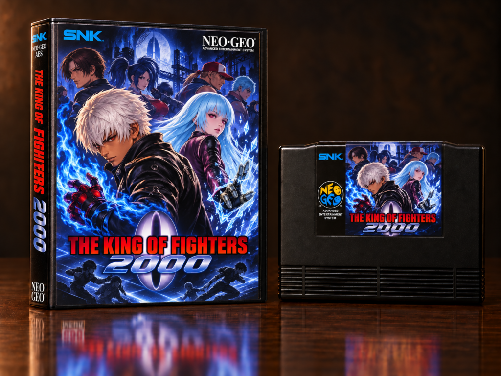KI-gestützter Packshot von The King of Fighters 2000 mit Neo-Geo-AES-Verpackung und Modul auf dunkler spiegelnder Oberfläche
