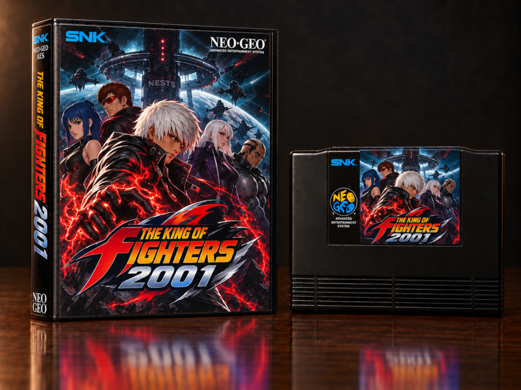 KI-gestützter Packshot von The King of Fighters 2001 mit Neo-Geo-AES-Verpackung und Modul auf dunkler spiegelnder Oberfläche
