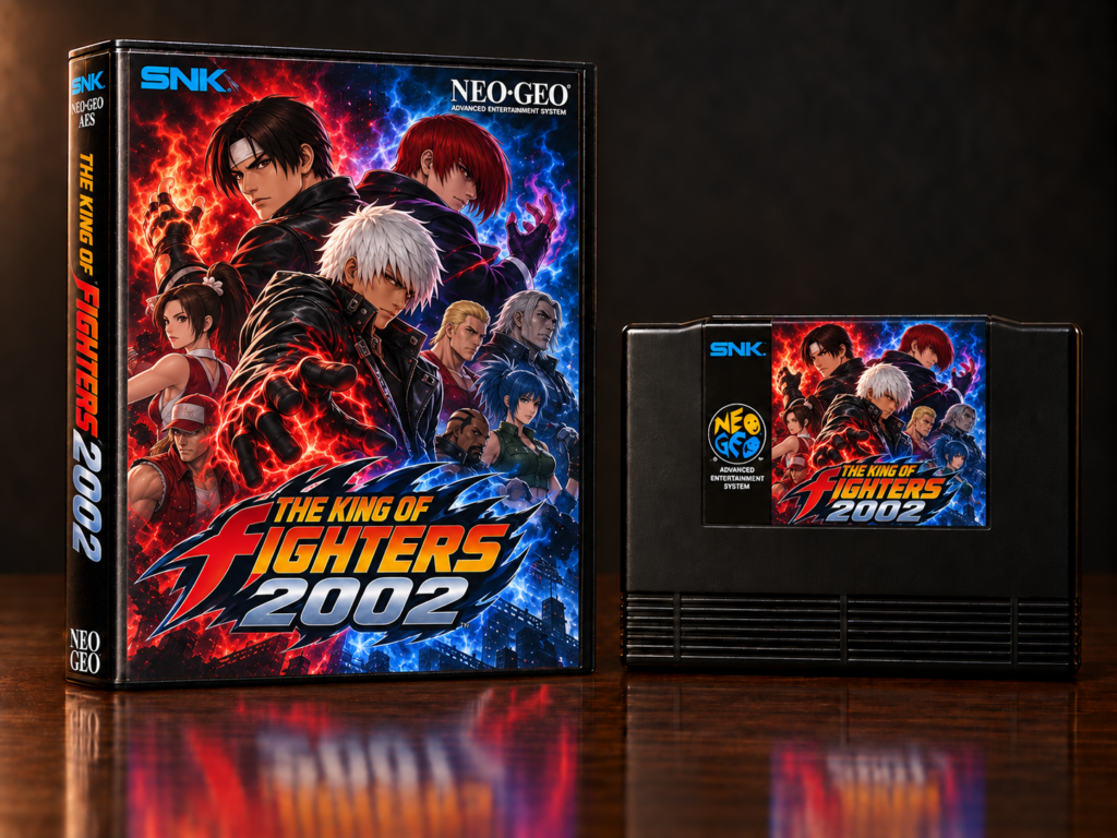 KI-gestützter Packshot von The King of Fighters 2002 mit Neo-Geo-AES-Verpackung und Modul auf dunkler spiegelnder Oberfläche