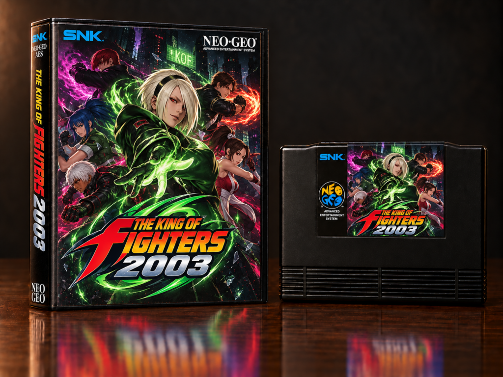 KI-gestützter Packshot von The King of Fighters 2003 mit Neo-Geo-AES-Verpackung und Modul auf dunkler spiegelnder Oberfläche