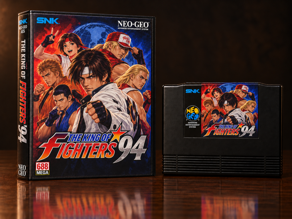 KI-gestützter Packshot von The King of Fighters ’94 mit Neo-Geo-AES-Verpackung und Modul auf dunkler spiegelnder Oberfläche