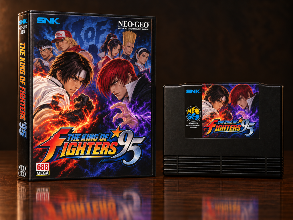 KI-gestützter Packshot von The King of Fighters ’95 mit Neo-Geo-AES-Verpackung und Modul auf dunkler spiegelnder Oberfläche
