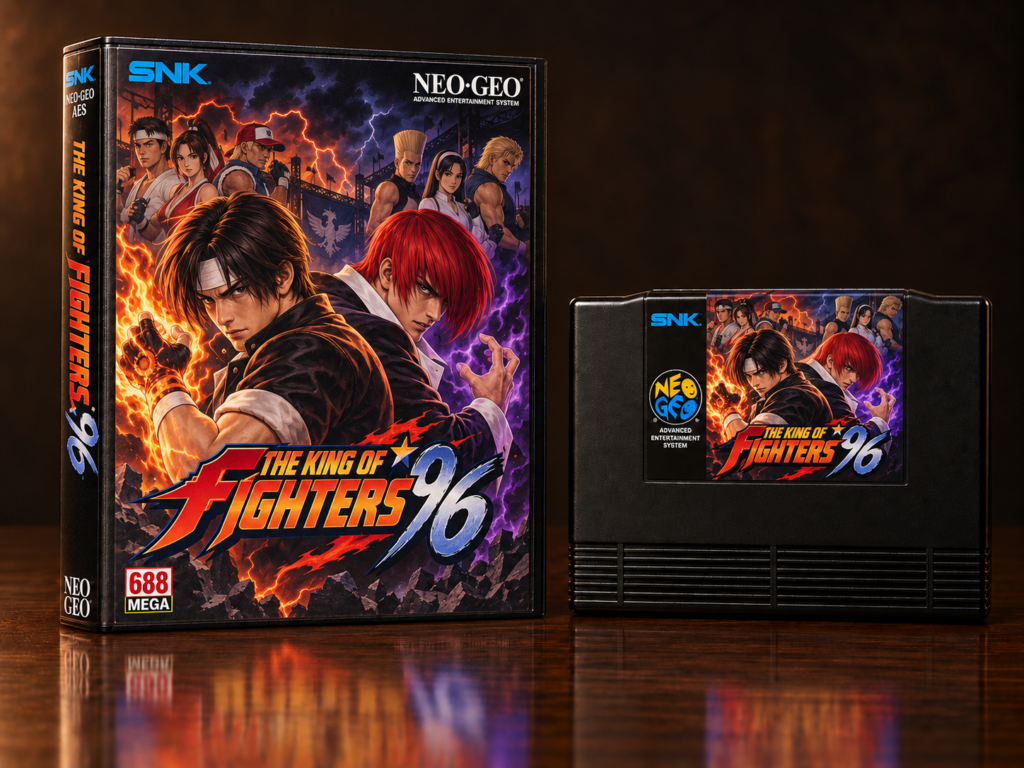 KI-gestützter Packshot von The King of Fighters ’96 mit Neo-Geo-AES-Verpackung und Modul auf dunkler spiegelnder Oberfläche