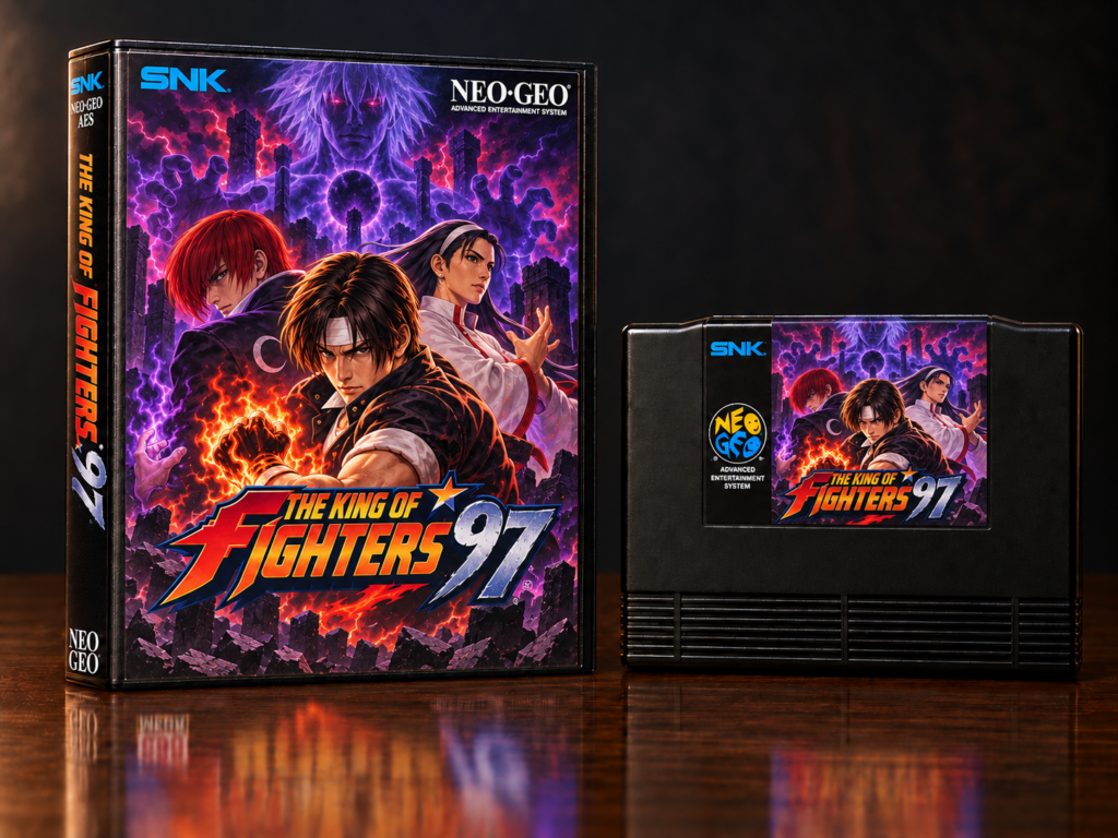 KI-gestützter Packshot von The King of Fighters ’97 mit Neo-Geo-AES-Verpackung und Modul auf dunkler spiegelnder Oberfläche