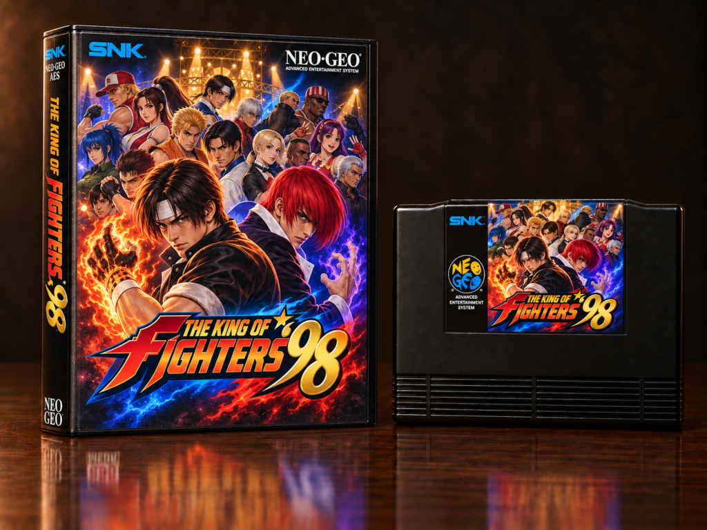 KI-gestützter Packshot von The King of Fighters ’98 mit Neo-Geo-AES-Verpackung und Modul auf dunkler spiegelnder Oberfläche