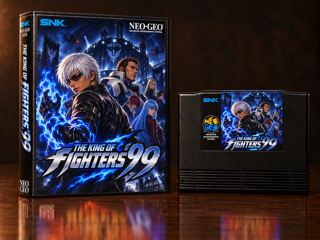 KI-gestützter Packshot von The King of Fighters ’99 mit Neo-Geo-AES-Verpackung und Modul auf dunkler spiegelnder Oberfläche