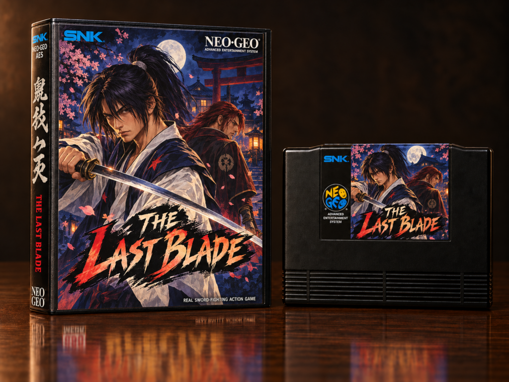KI-gestützter Packshot von The Last Blade mit Neo-Geo-AES-Verpackung und Modul auf dunkler spiegelnder Oberfläche
