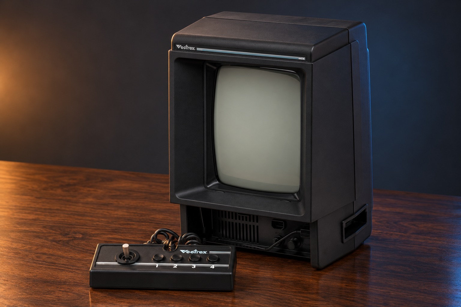 Vectrex mit passendem Controller auf einem dunklen Holztisch vor dezent beleuchtetem Hintergrund