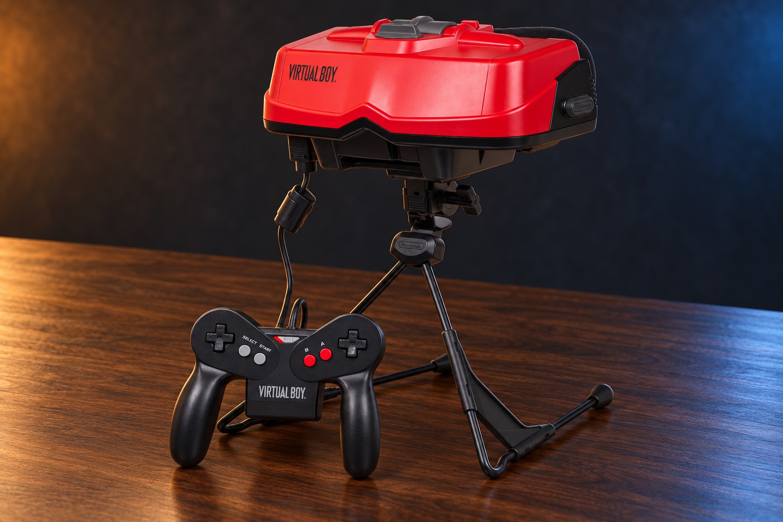 Nintendo Virtual Boy mit passendem Controller auf einem dunklen Holztisch vor dezent beleuchtetem Hintergrund