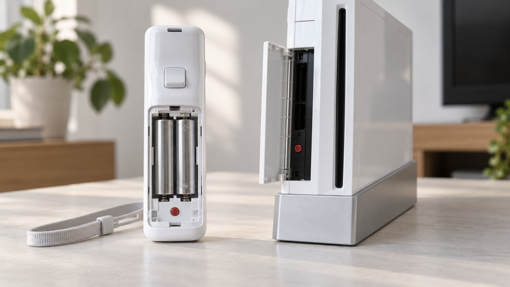 Wii Remote mit geöffnetem Batteriefach und rotem SYNC-Knopf neben Wii-Konsole