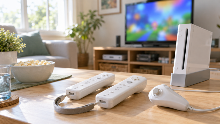 Helles Wohnzimmer mit neutraler weißer Bewegungsspiel-Konsole und unbeschrifteten Controllern