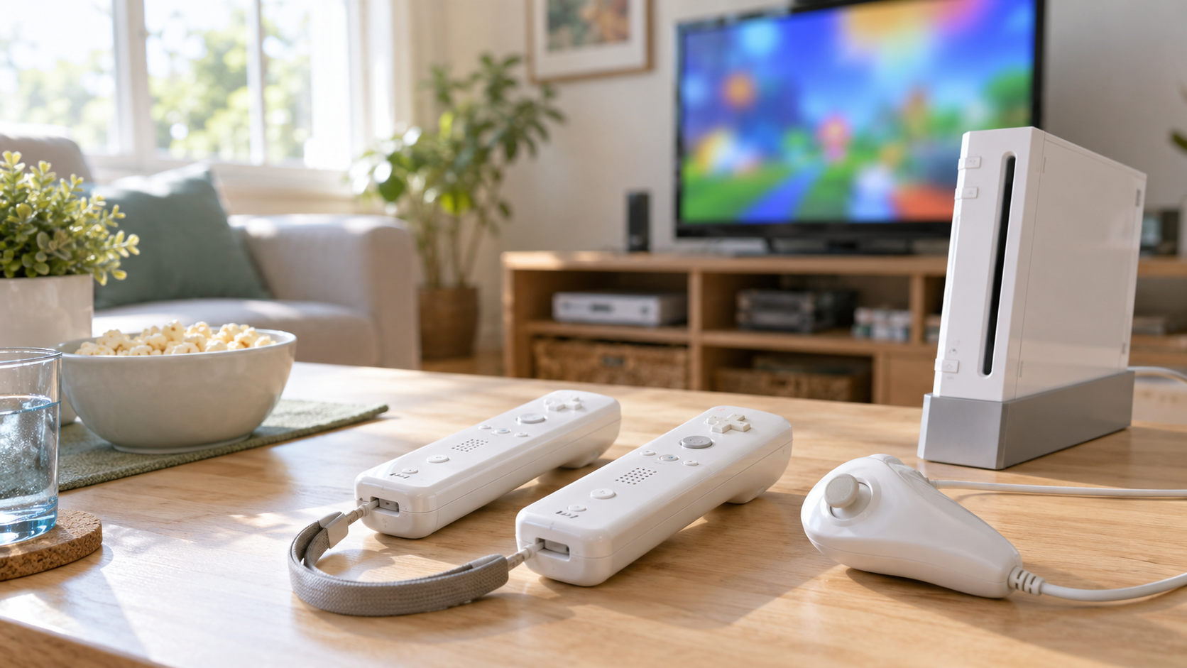 Helles Wohnzimmer mit neutraler weißer Bewegungsspiel-Konsole und unbeschrifteten Controllern