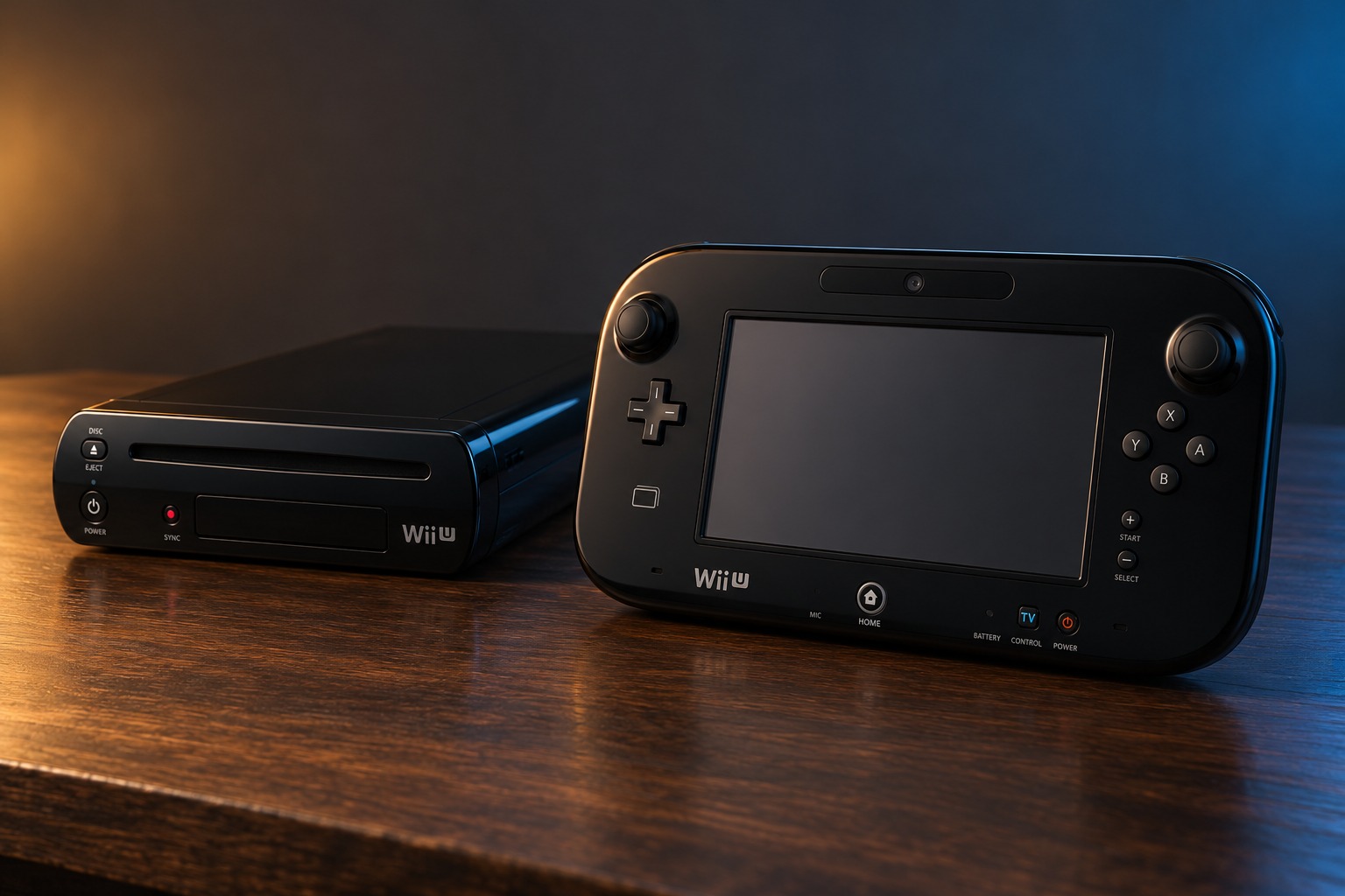 Nintendo Wii U mit passendem Controller auf einem dunklen Holztisch vor dezent beleuchtetem Hintergrund