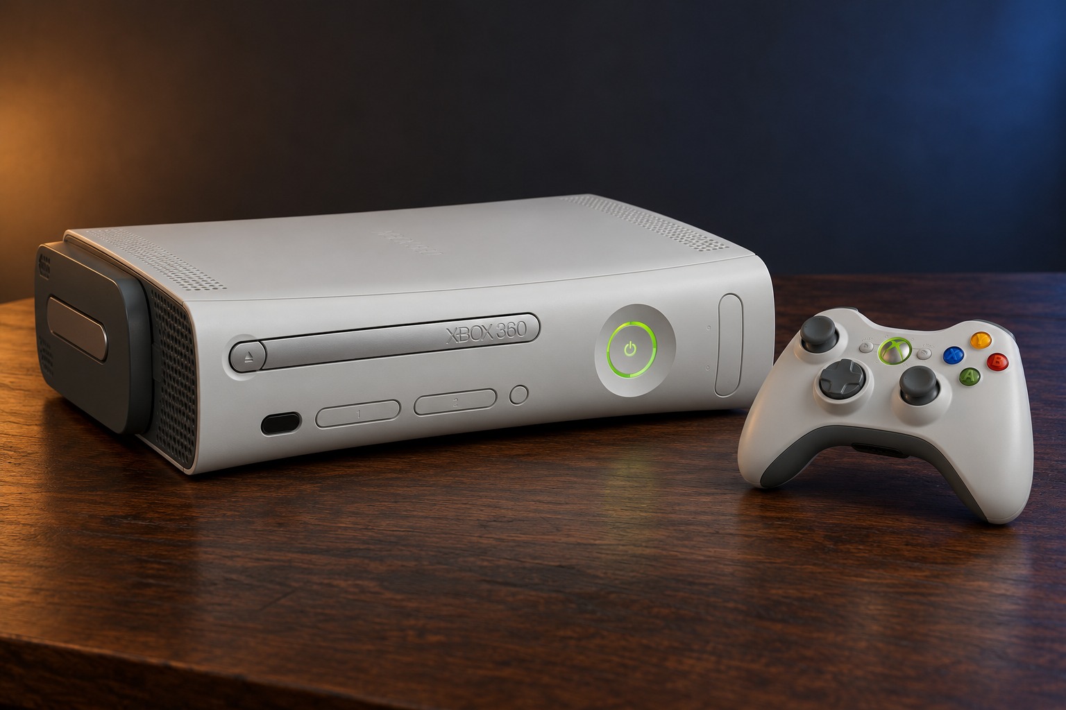 Microsoft Xbox 360 mit passendem Controller auf einem dunklen Holztisch vor dezent beleuchtetem Hintergrund