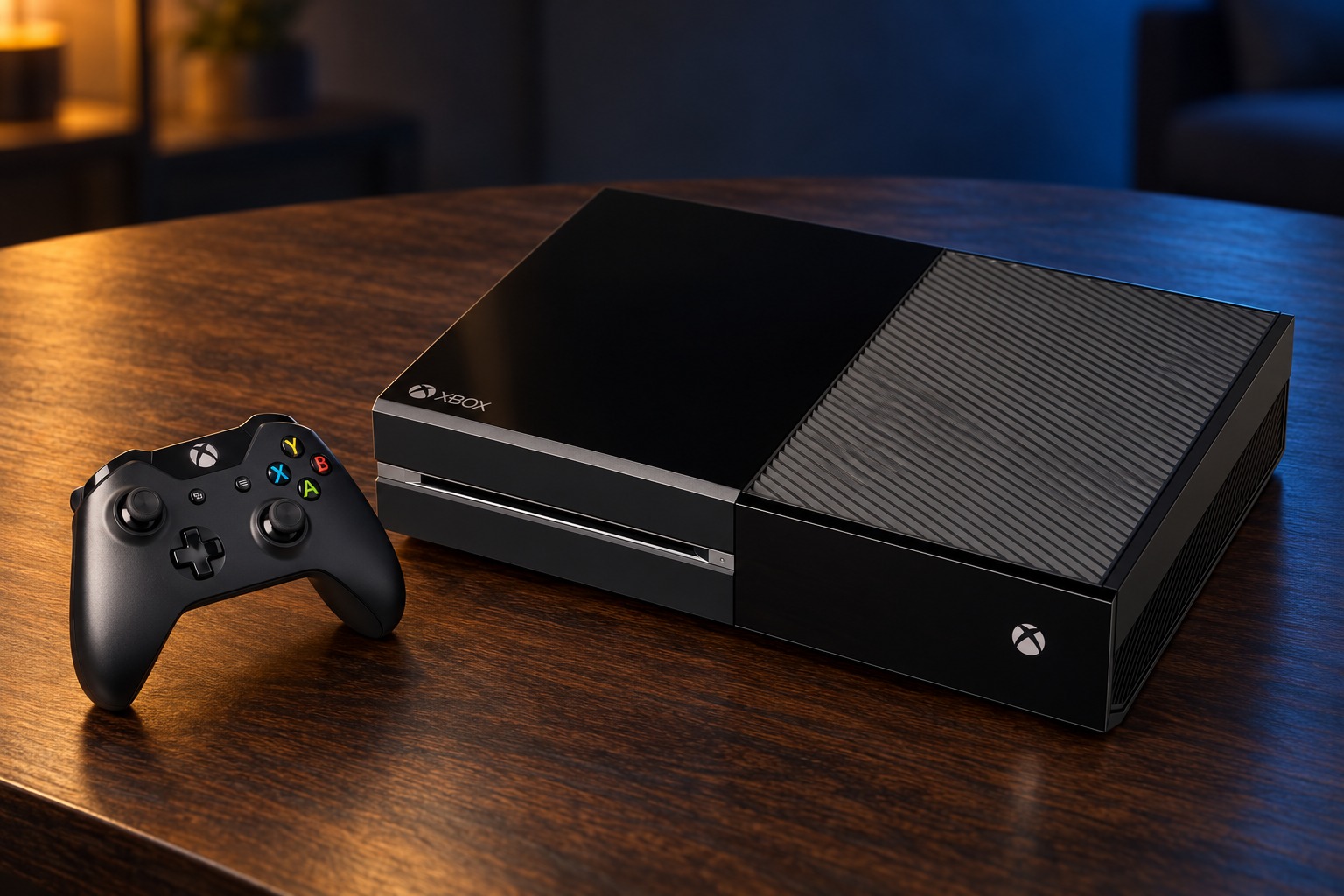 Microsoft Xbox One mit passendem Controller auf einem dunklen Holztisch vor dezent beleuchtetem Hintergrund