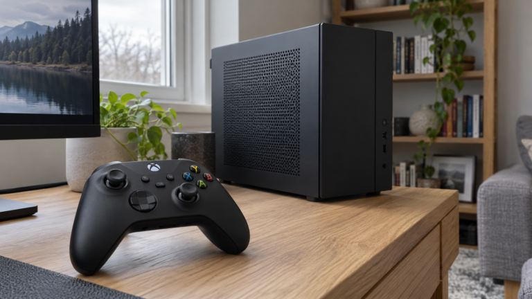 Xbox-Controller neben einem PC bei Tageslicht – KI-Symbolbild zu Project Helix, kein Helix-Gerät.