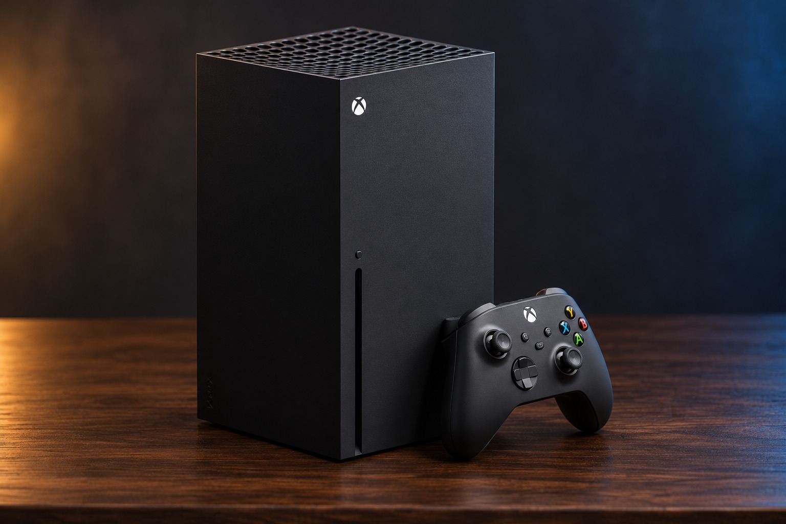 Microsoft Xbox Series X mit passendem Controller auf einem dunklen Holztisch vor dezent beleuchtetem Hintergrund