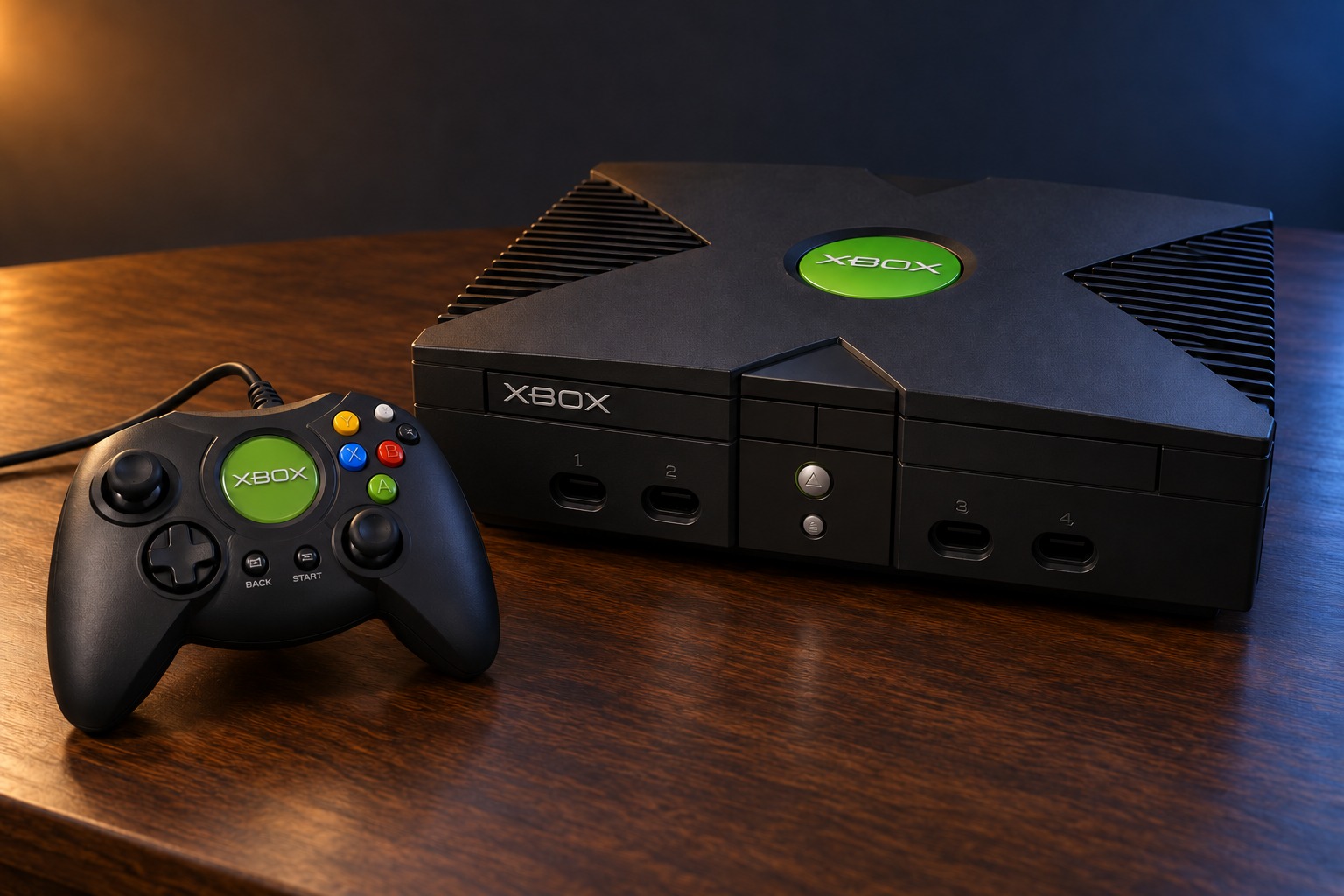 Microsoft Xbox mit passendem Controller auf einem dunklen Holztisch vor dezent beleuchtetem Hintergrund