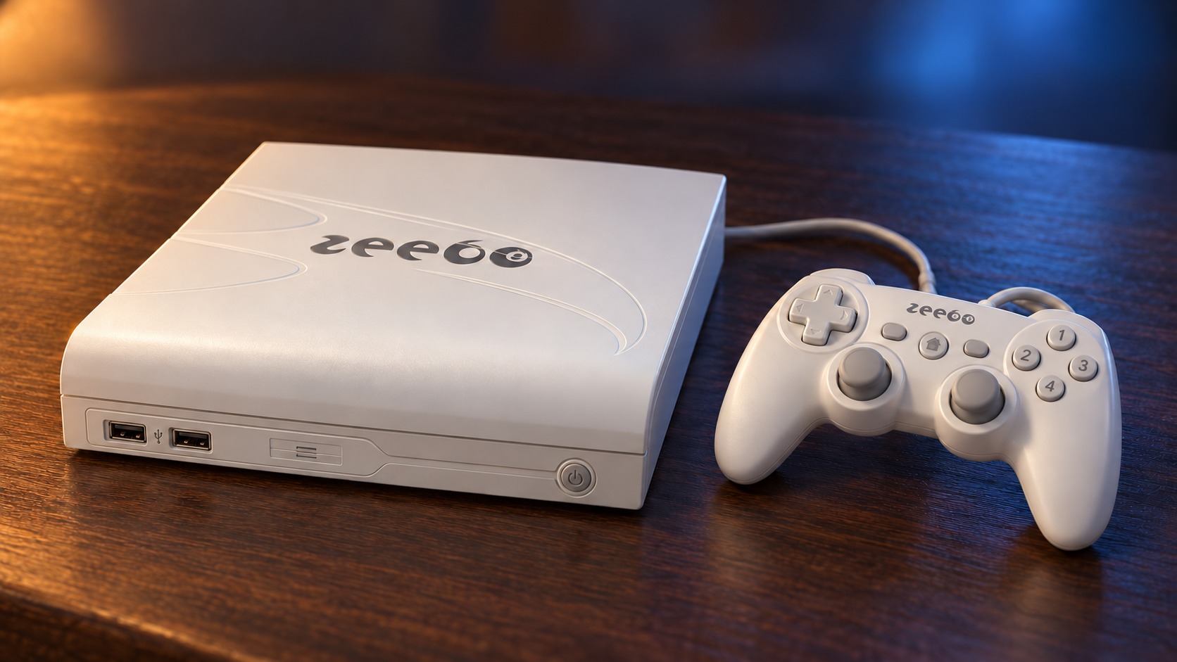 Zeebo mit passendem Controller auf einem dunklen Holztisch vor dezent beleuchtetem Hintergrund